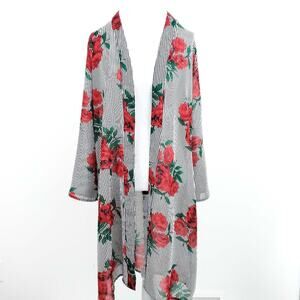Jorja Floral Long Kimono Red Roses Black Stripes Small Excellent Condition